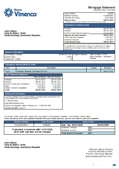 Download Dominican Republic Banco Vimenca bank mortgage statement scr Photoshop template
